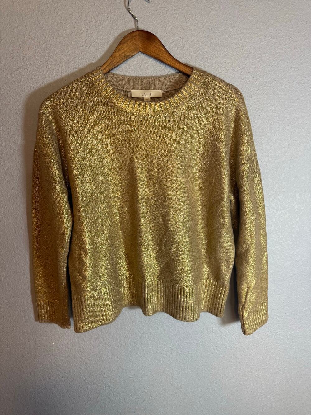 LOFT Metallic Gold Crewneck Sweater Women’s Small Holiday Party